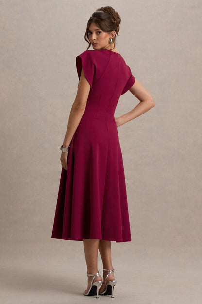 Linda | Vestido Midi Burdeos con Escote Alto y Mangas Cortas