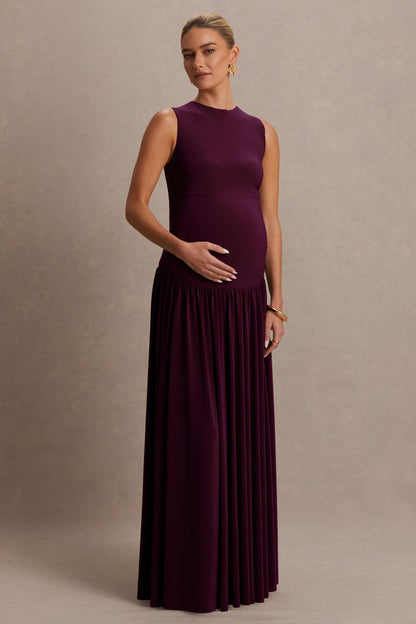 Outline | Vestido Largo Premamá Burdeos de Cuello Alto con Falda Drapeada