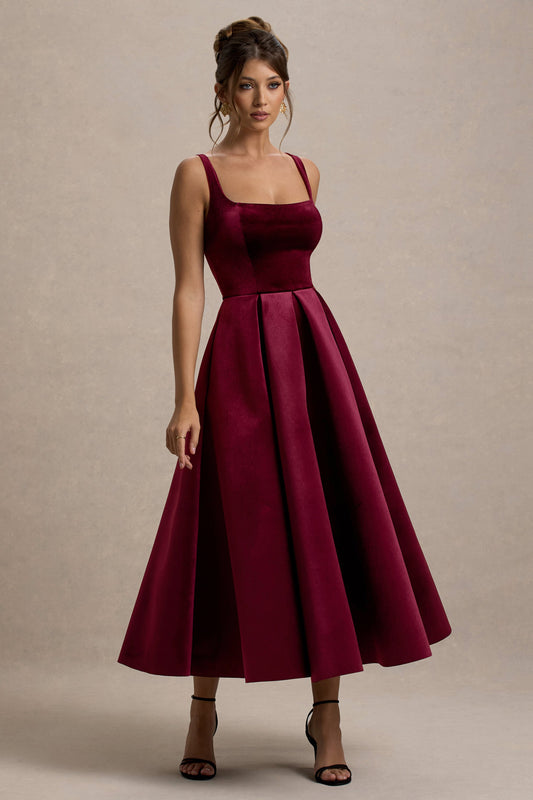 Francisca | Vestido midi de terciopelo burdeos con falda plisada