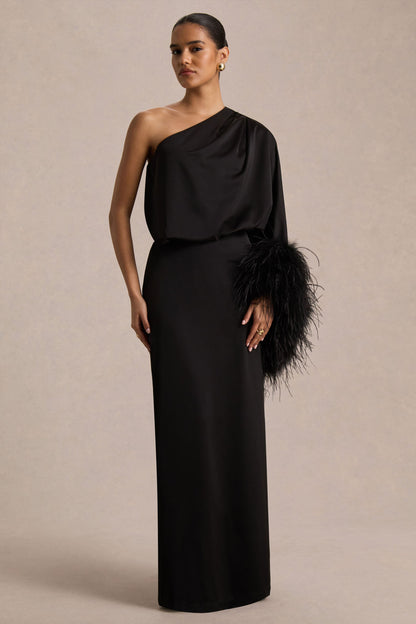 Felicity | Vestido Largo Negro de Satén con Escote Asimétrico, Plumas y Detalles Fruncidos