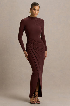 Zephyra | Vestido Largo Marrón Con Escote Alto Cruzado