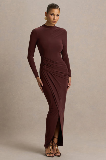 Zephyra | Vestido Largo Marrón Con Escote Alto Cruzado