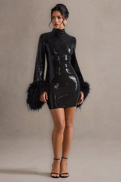 Cupid | Vestido corto de lentejuelas negras y Puños de plumas