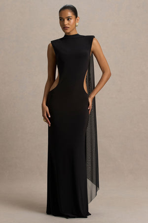 Katara | Vestido Largo Negro de Cuello Alto con Recortes