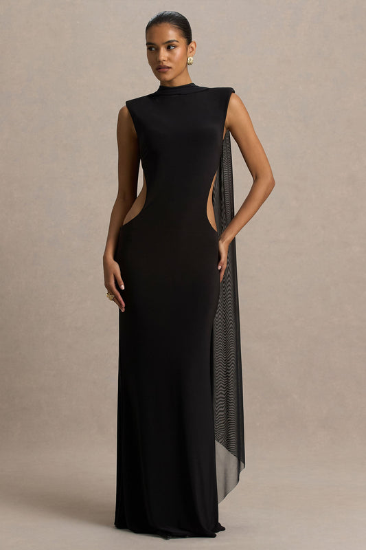Katara | Vestido Largo Negro de Cuello Alto con Recortes