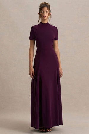 Alea | Vestido largo Burdeos con Escote Alto y Manga Corta