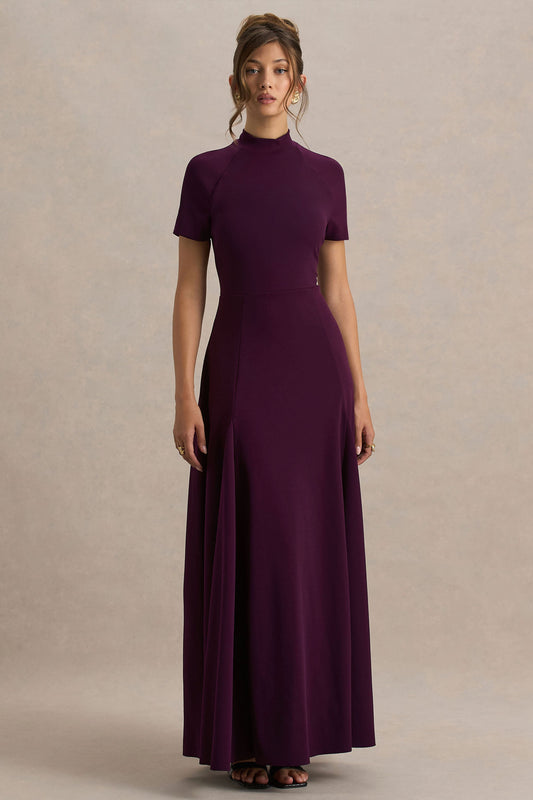 Alea | Vestido largo Burdeos con Escote Alto y Manga Corta