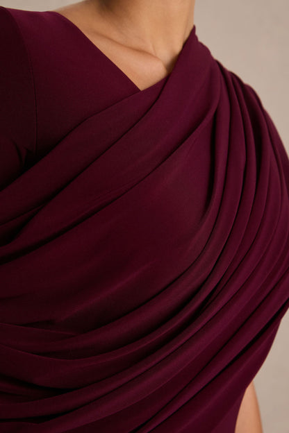 Rubelle | Vestido Largo Burdeos de Escote Asimétrico con Detalle Drapeado