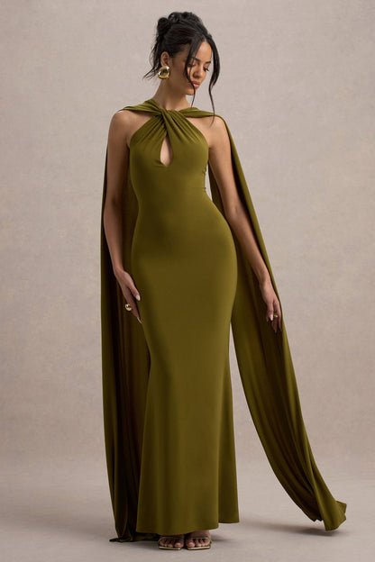 Rhoda | Vestido largo verde con escote halter y  banda decorativa