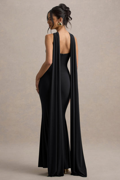 Rhoda | Vestido largo negro con escote halter torcido y capa