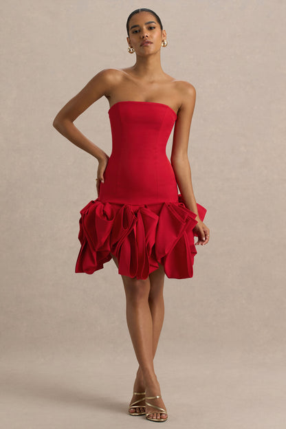 Erica | Vestido rojo corto con escote bandeau y falda globo