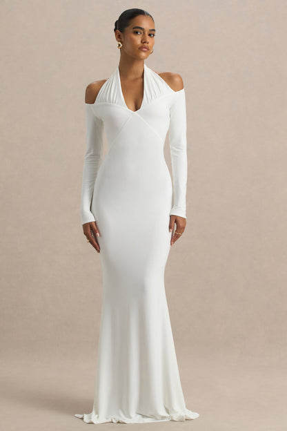 Living High | Vestido largo Blanco con Cuello Halter y Mangas Largas.