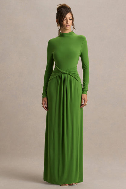 Hourglass | Vestido Largo Verde de Manga Larga con Escote alto, Detalle Cruzado en la Cintura y Abertura Frontal