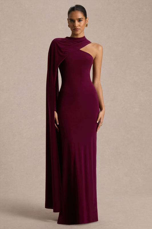Dawn | Vestido Largo Burdeos con Escote Asimétrico y Manga Tipo Capa