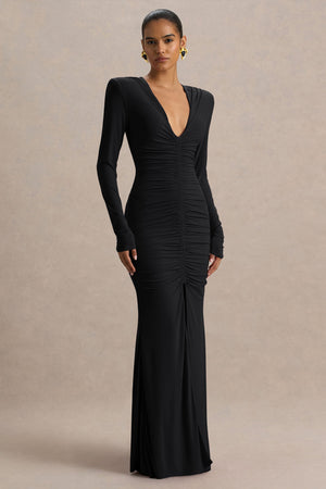Jewel | Vestido Largo de cuello de pico profundo negro con abertura frontal y detalle fruncido