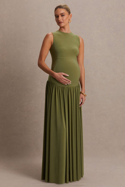 Outline | Vestido premamá largo color oliva con cuello alto y falda drapeada