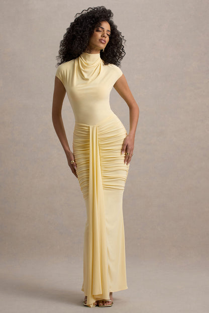 Lorenza | Vestido largo en  Limón de Cuello Alto con Fruncido y Falda Envolvente