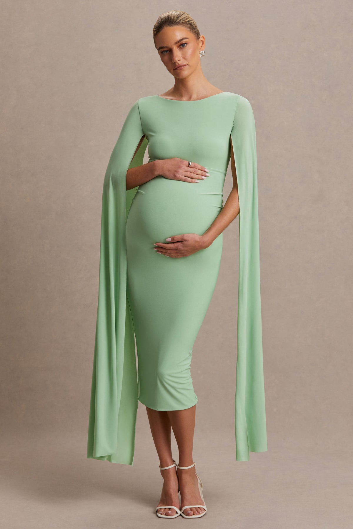 Providence | Vestido Midi premamá en Verde Claro de Cuello Alto con Mangas Capa