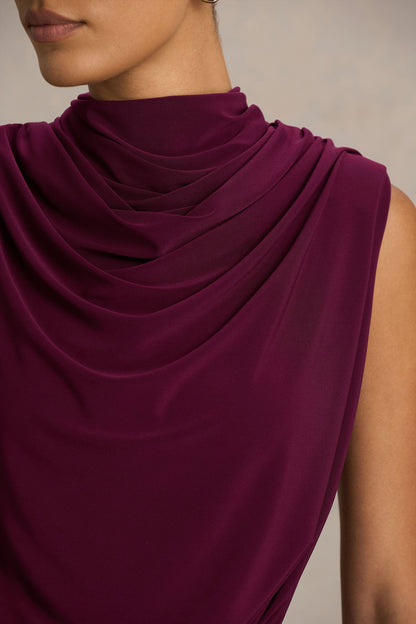 Hermia | Vestido Midi Burdeos De Cuello Alto Sin Mangas