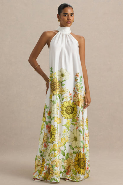 Glide | Vestido largo satinado con detalle de cuello con lazo y estampado de girasoles