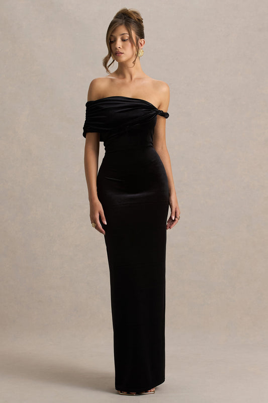Poised | Vestido Largo Negro De Terciopelo Con Escote Bardot Y Manga Retorcida