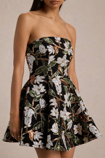 Sparky | Vestido corto de tubo con adornos florales en negro y bronce