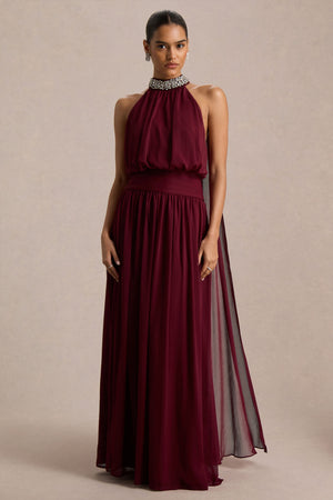 Marie | Vestido largo burdeos con escote halter y detalles adornados