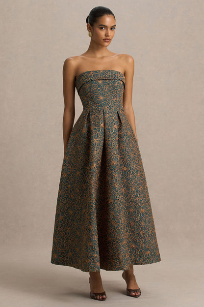 Loretta | Vestido midi bordado en verde oscuro y óxido con escote bandeau