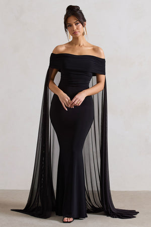 Carlotta | Vestido largo negro ajustado con capa de gasa y escote bardot