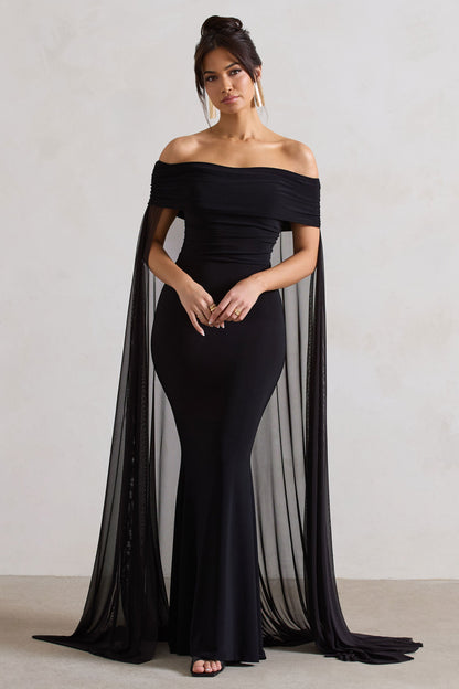 Carlotta | Vestido largo negro ajustado con capa de gasa y escote bardot