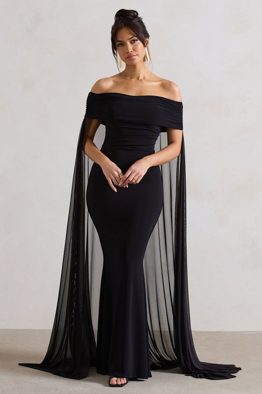 Carlotta | Vestido largo negro ajustado con capa de gasa y escote bardot