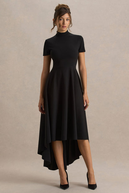 Bellona | Vestido Midi Negro De Cuello Alto Con Bajo Asimétrico