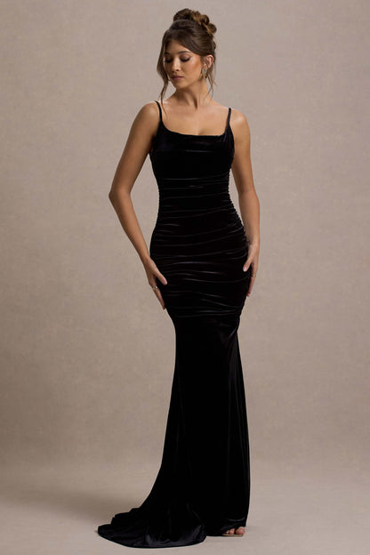 Adele | Vestido Largo Cola de Sirena con Tirantes y Fruncido de Terciopelo Negro