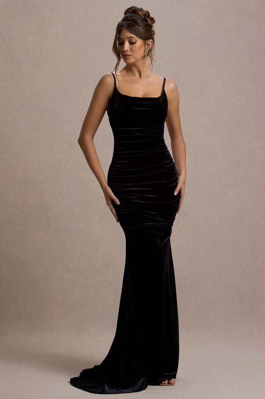 Adele | Vestido Largo Cola de Sirena con Tirantes y Fruncido de Terciopelo Negro