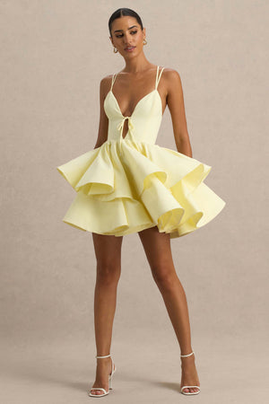 Flavia | Vestido corto amarillo con escote pronunciado y falda de volantes