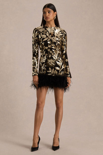 Lara | Vestido Corto de Lentejuelas en Negro y Dorado, Cuello Alto y Bajo con Plumas