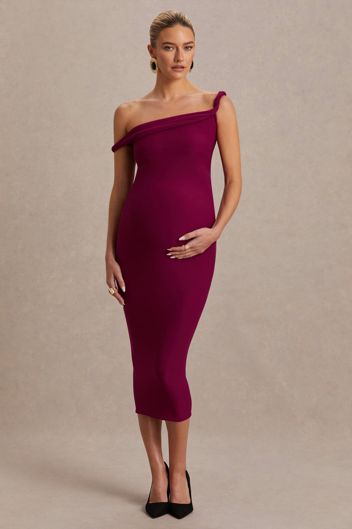 Salome | Vestido premamá midi burdeos con escote asimétrico drapeado