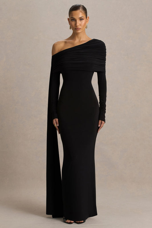 Octavia | Vestido Largo Negro Con Escote Bardot Capa Y Detalles Fruncidos
