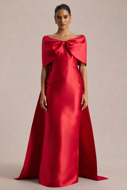 Wanting More | Vestido Largo Rojo de Satén con Capa y Lazo Grande