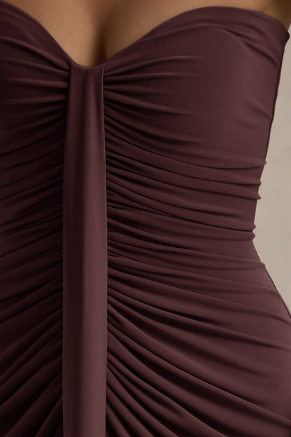 Ali | Vestido largo Marrón con escote corazón y detalles fruncidos