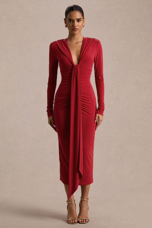 Ivara | Vestido Largo Rojo con Escote Profundo, Detalle Fruncido y Fajín