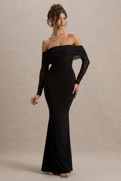 Madeleine | Vestido largo Negro  ajustado al cuerpo con mangas largas de malla y escote bardot