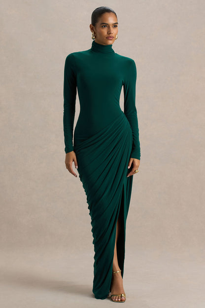 Betsy | Vestido Largo De Cuello Alto En Verde Botella Con Abertura Frontal y Detalle Fruncido