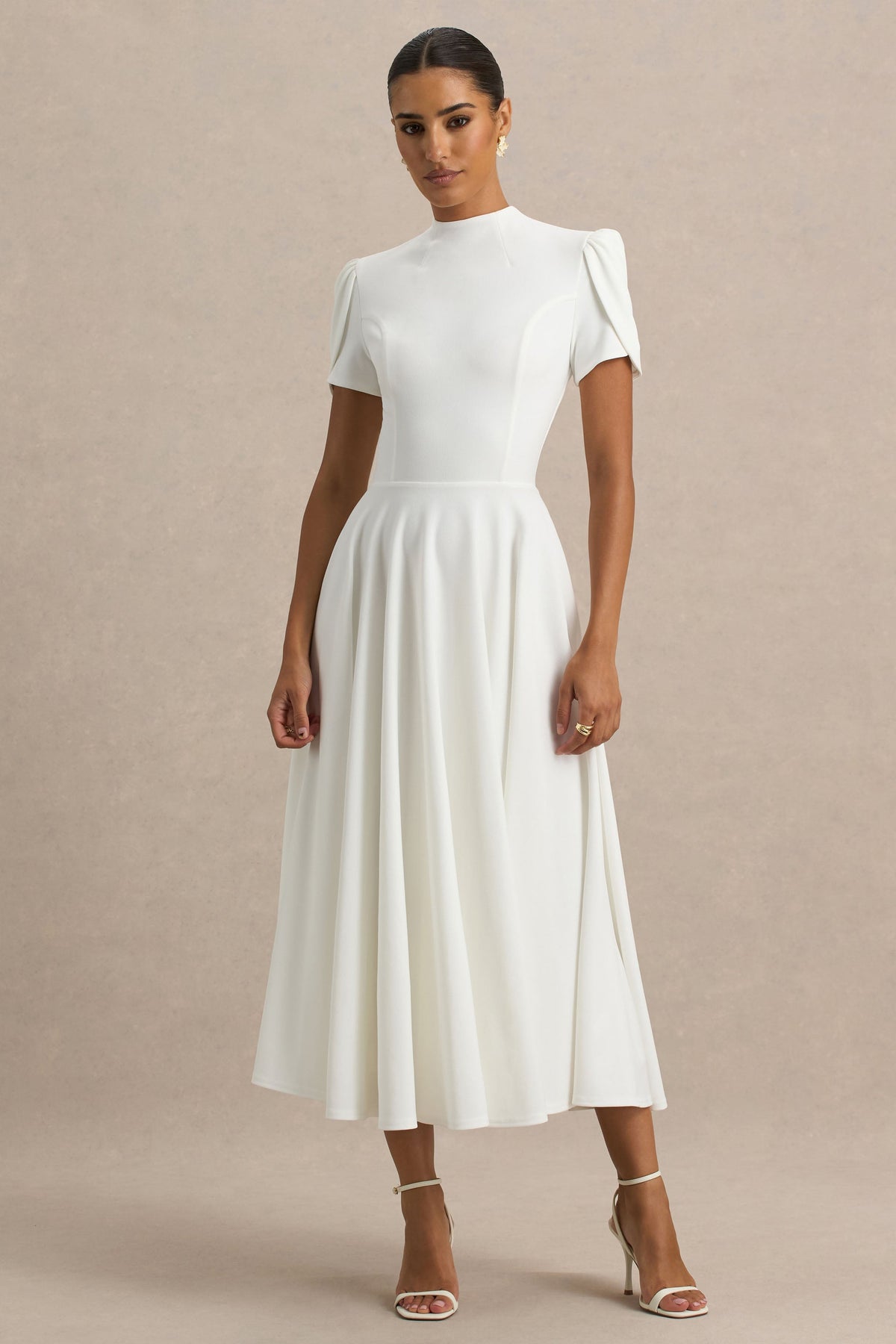 Vicky | Vestido midi blanco con mangas abullonadas y falda con volumen