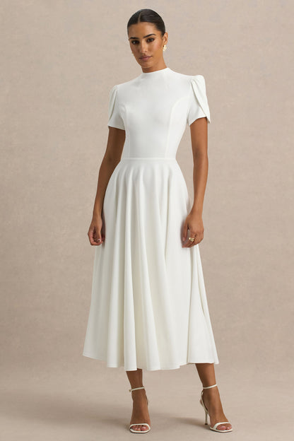Vicky | Vestido midi blanco con mangas abullonadas y falda con volumen