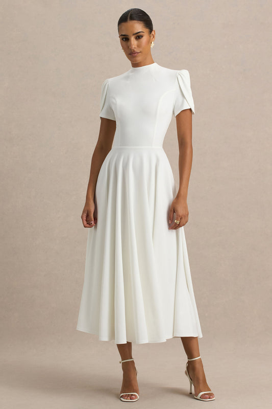 Vicky | Vestido midi blanco con mangas abullonadas y falda con volumen