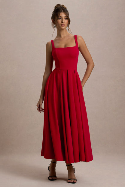 Parina | Vestido midi rojo con escote cuadrado y falda voluminosa