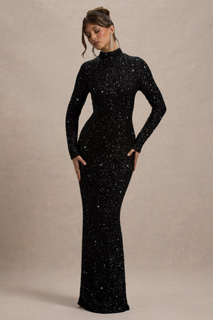 Galaxy | Vestido largo Negro de Lentejuelas con Cuello Alto y Manga Larga