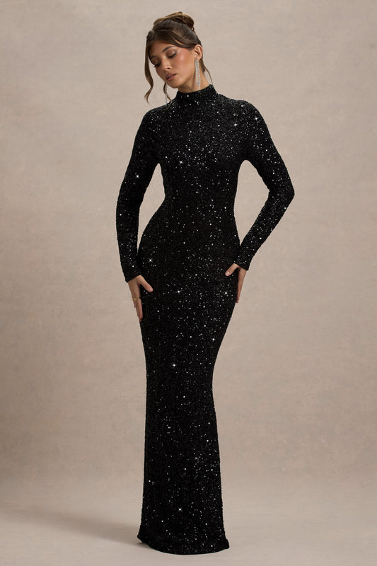 Galaxy | Vestido largo Negro de Lentejuelas con Cuello Alto y Manga Larga