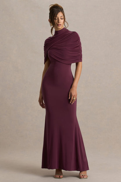 Cleora | Vestido largo burdeos con detalle de capa retorcida